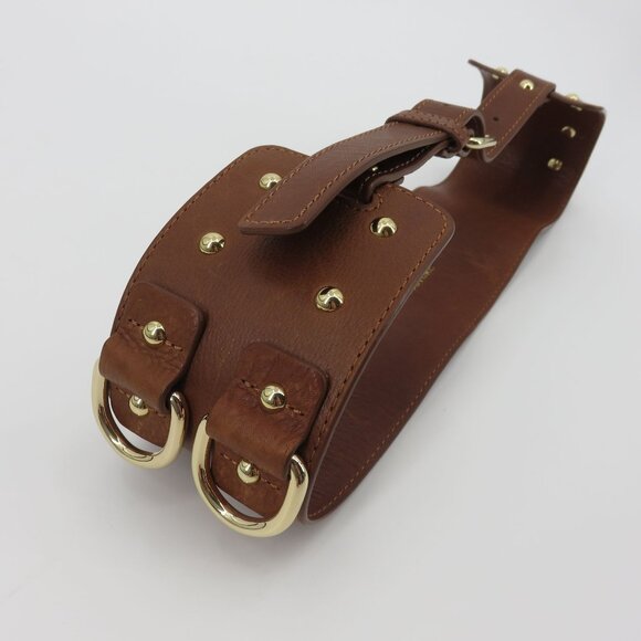 Y2K Juicy Couture Women Wide Brown Leather Gold D Ring Studded Corset Belt VTG main image 5
